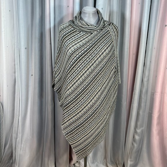 Lightweight Black, Brown & White Striped Pullover Knit Poncho - Picture 2 of 7